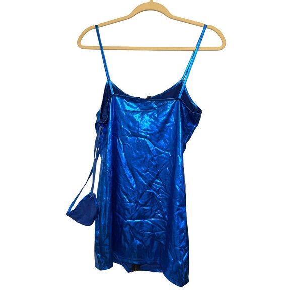 Metallic Blue Bodycon Zip-Up Dress With Matching Thong Panties Size L Polyester - Picture 3 of 5